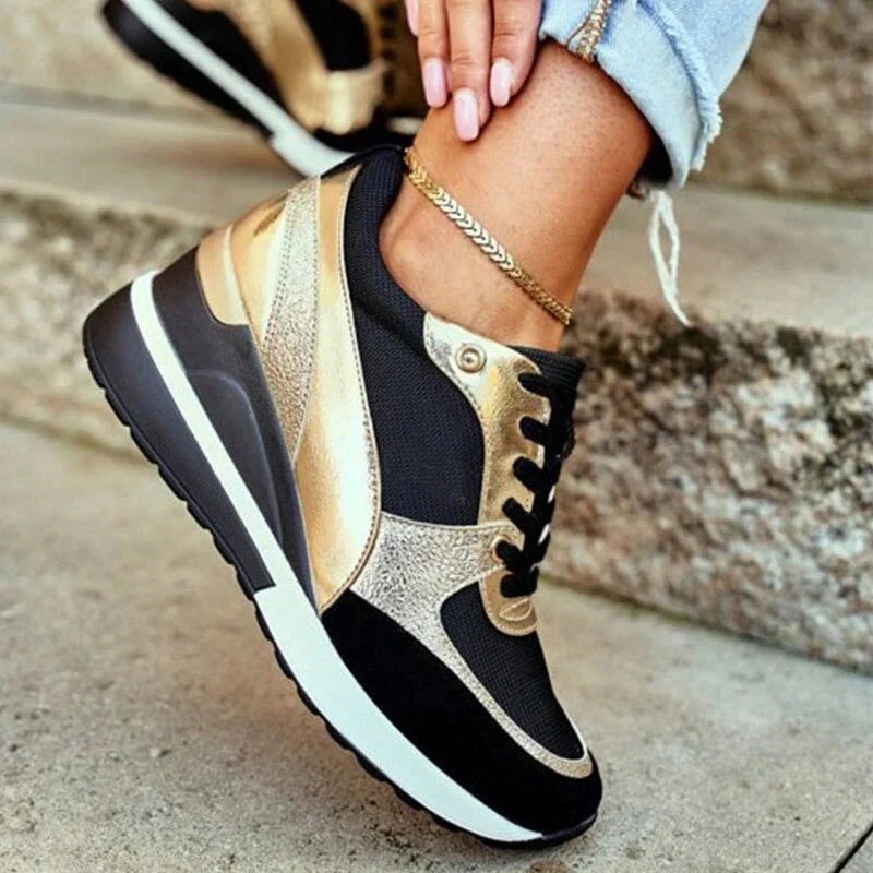 Women's Wedge Platform Cushioned Sneakers with Lace-Up Closure