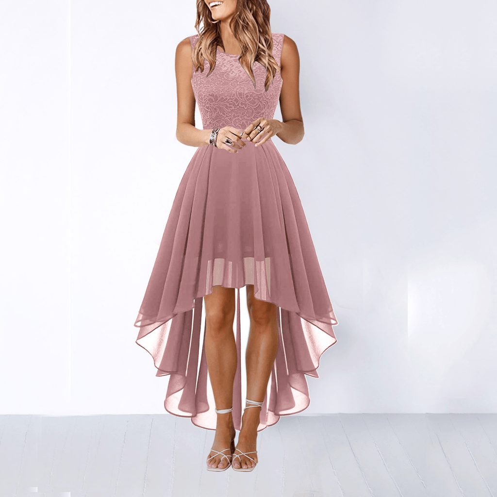 Women's High-Low Lace Bodice Evening Gown with Flowing Skirt