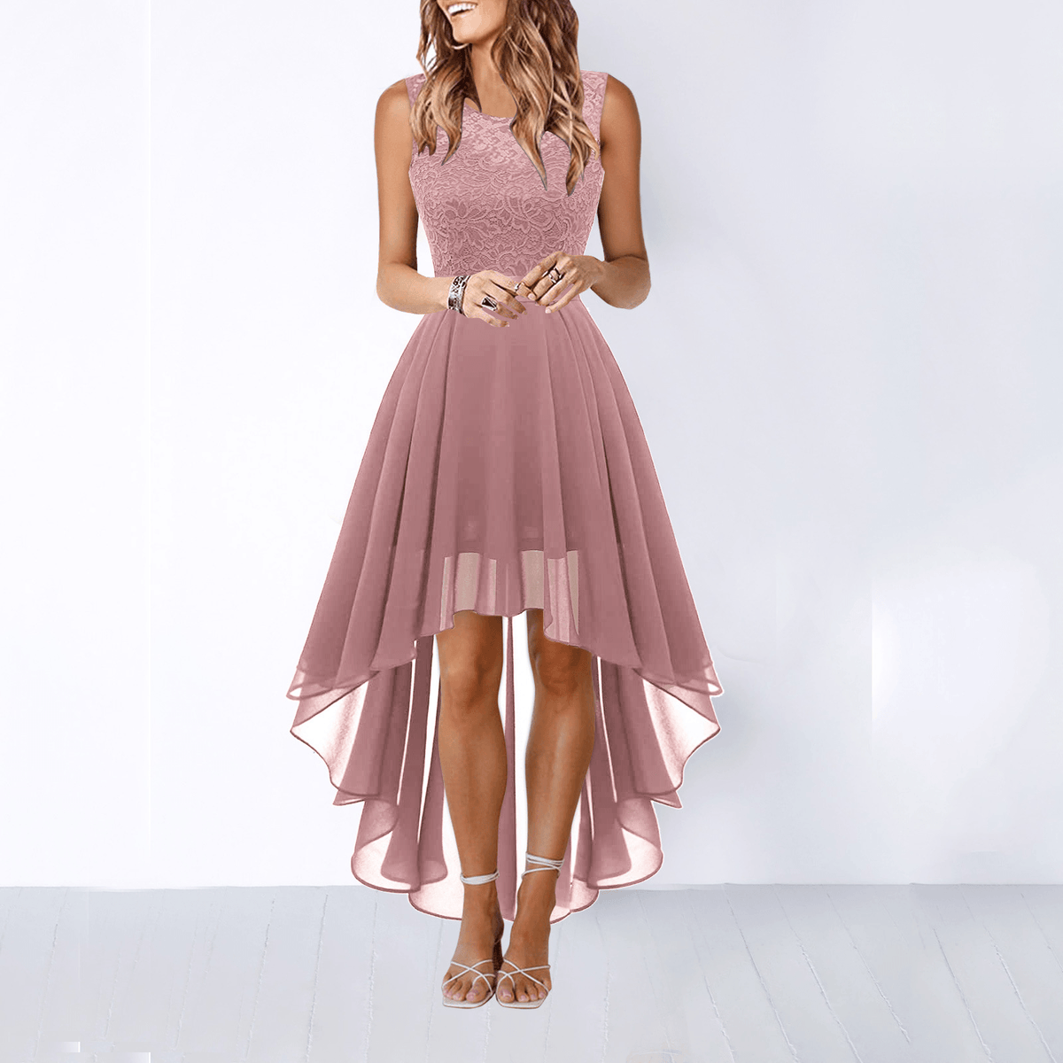 Women's High-Low Lace Bodice Evening Gown with Flowing Skirt