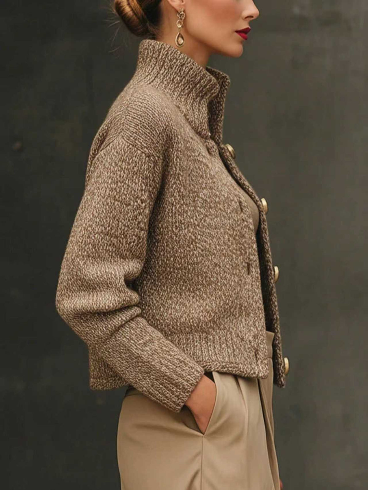 Women's Cropped Knit Sweater Jacket with Stand Collar and Button Front
