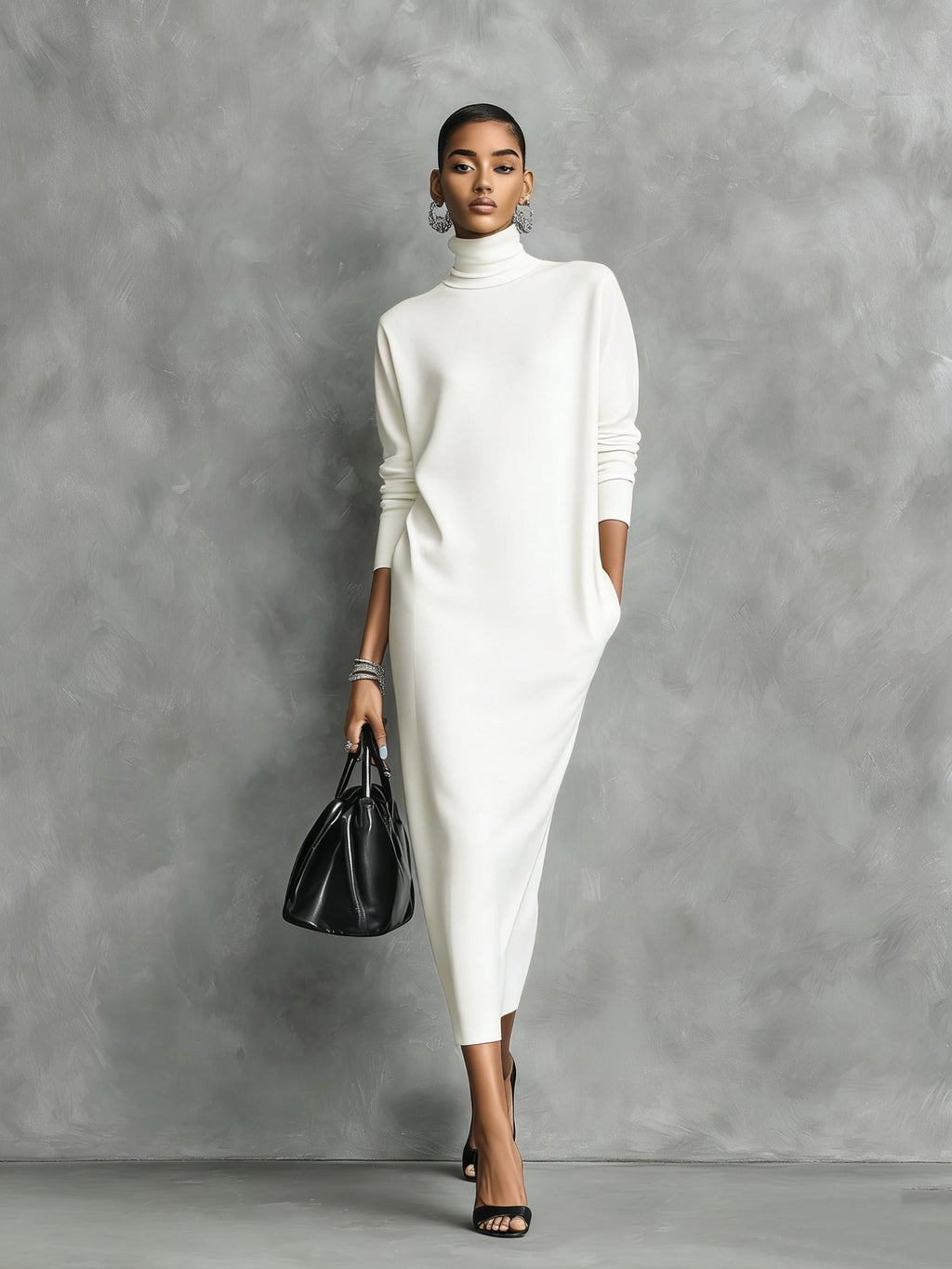 Maelys Turtleneck Knit Sweater Dress with Midi Length