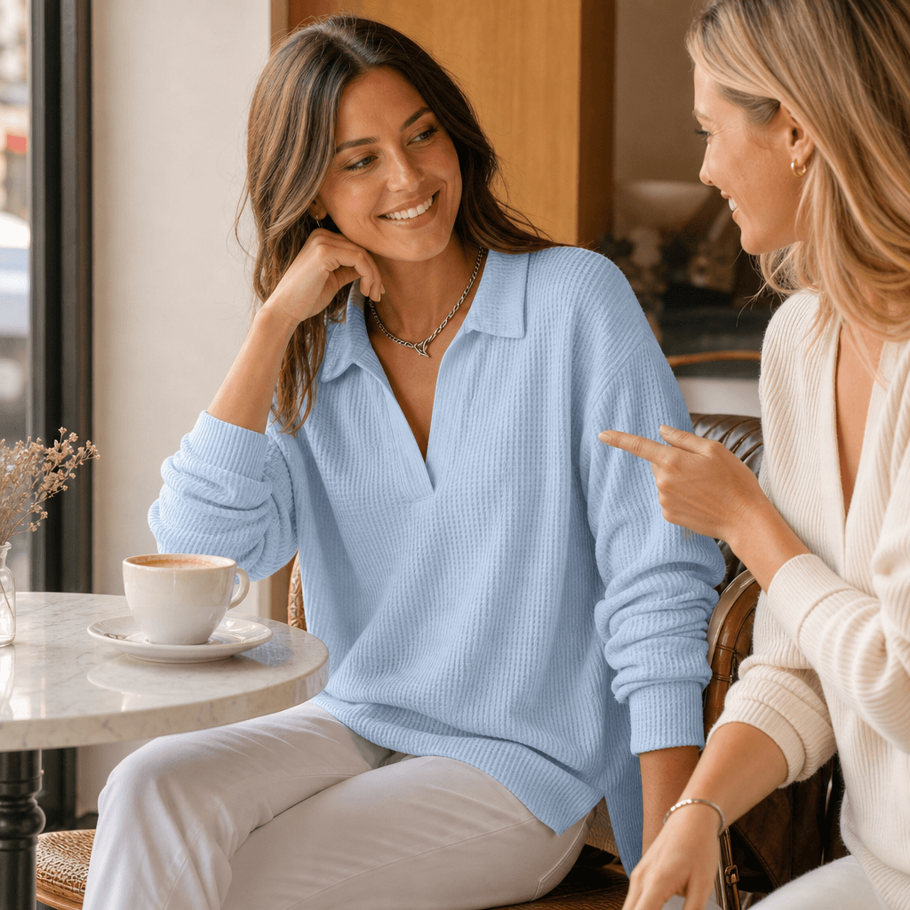 Women's Oversized Waffle-Knit Long-Sleeve V-Neck Sweater with Collar