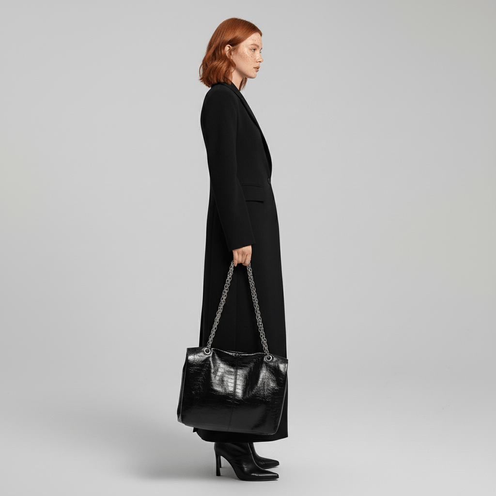 Women's Long Slim-Fit Tailored Maxi Coat with Peak Lapels and Full Lining
