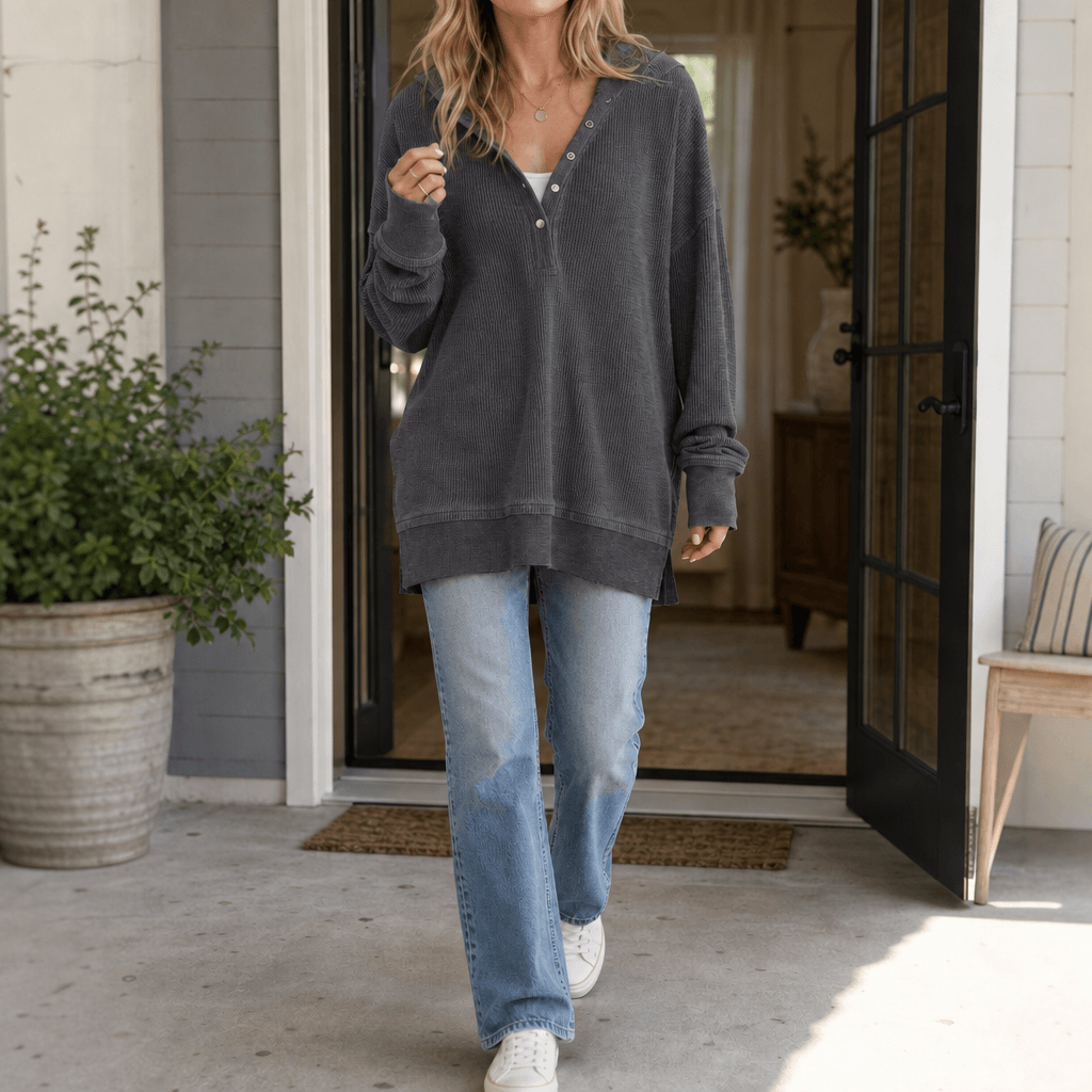 Women's Waffle Knit Button Henley Hoodie with Hood