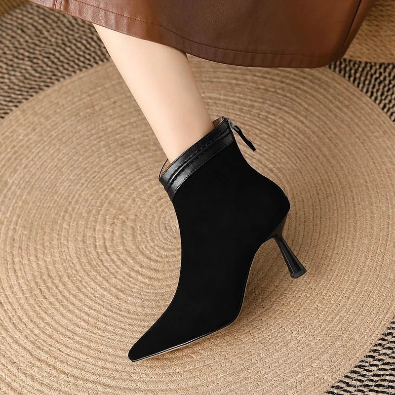 Fang Pointed-Toe Suede Women's Ankle Boots with Sculpted Kitten Heel