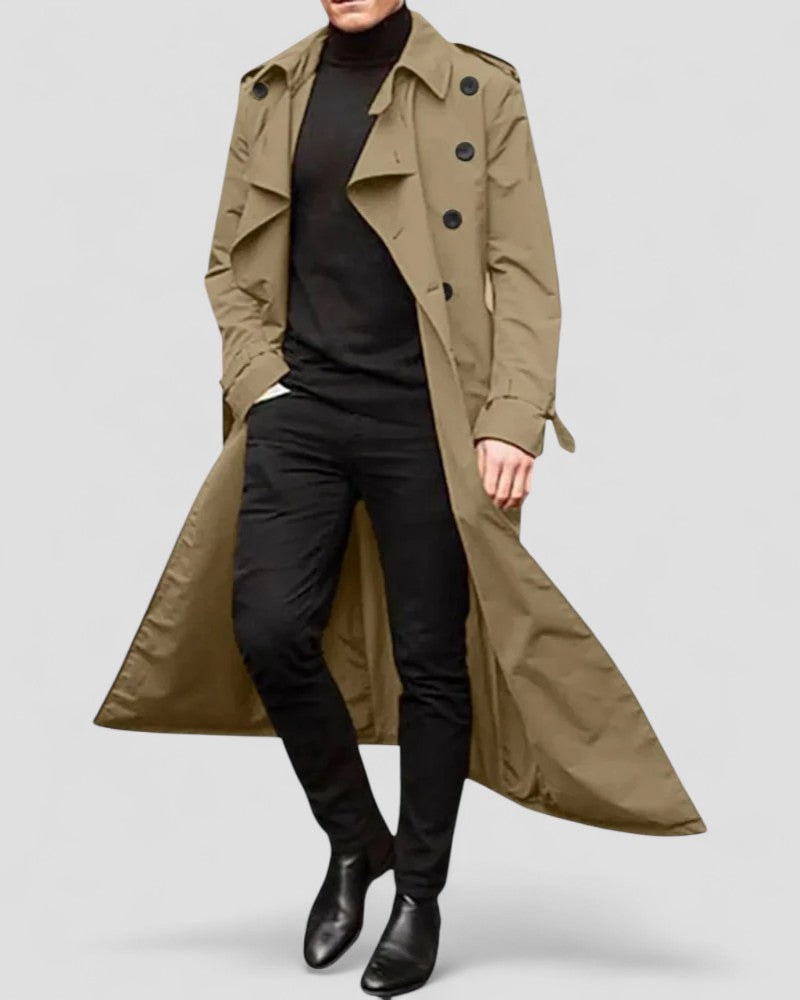Men's Long Trench Coat with Double-Breasted Front and Water-Repellent Finish