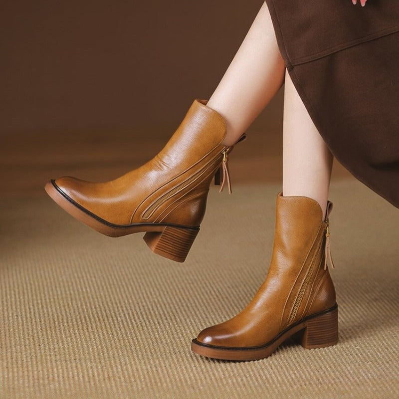 Women's Ankle Boots with Side Zipper and Block Heel in Synthetic for Fall