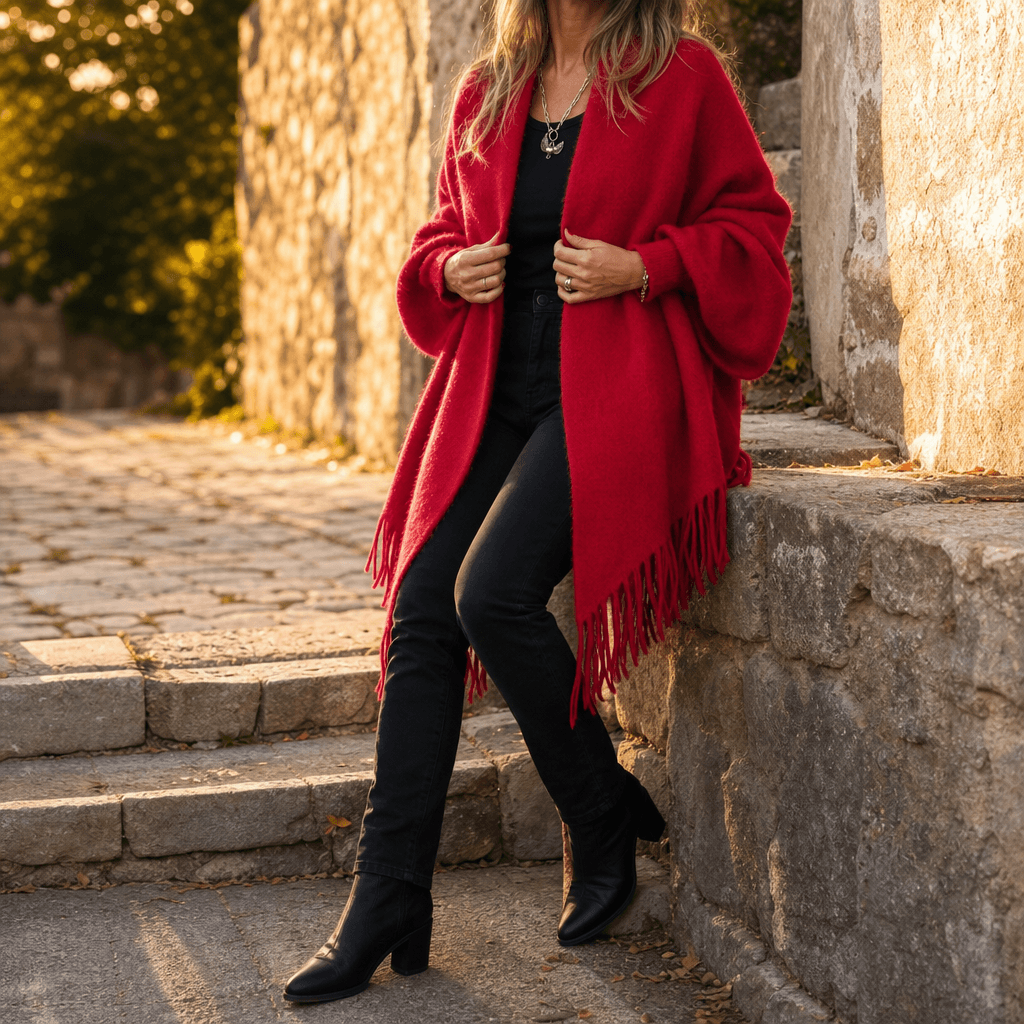 Women's Draped Shawl Collar Open-Front Wool Winter Coat with Fringe Detail