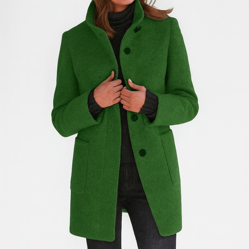 Mid-Length Pea Coat with Stand Collar and Patch Pockets