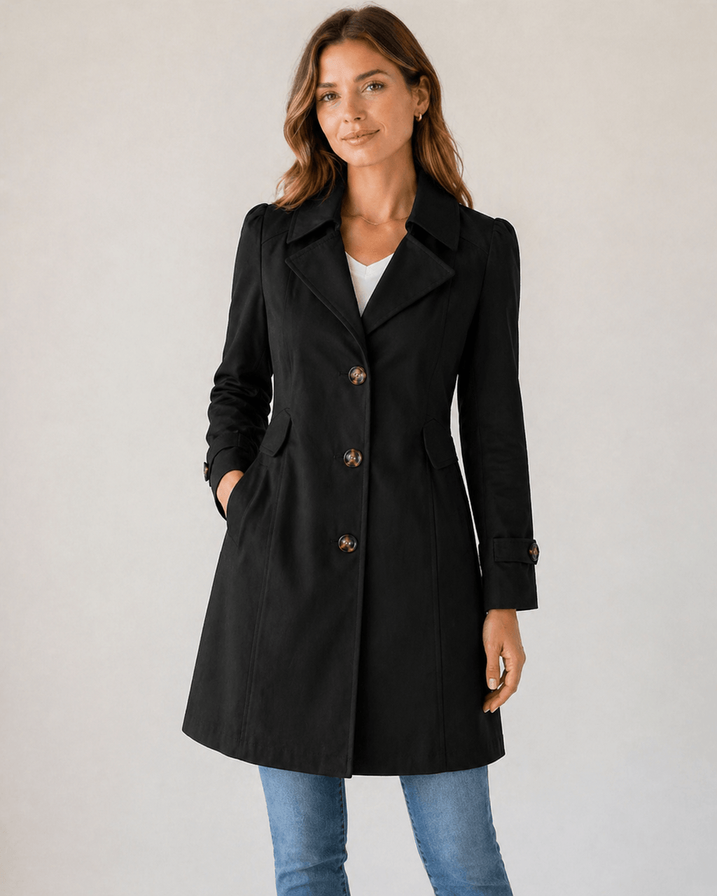 Women's Short Tailored Cotton Blend Trench Coat with Button Closure