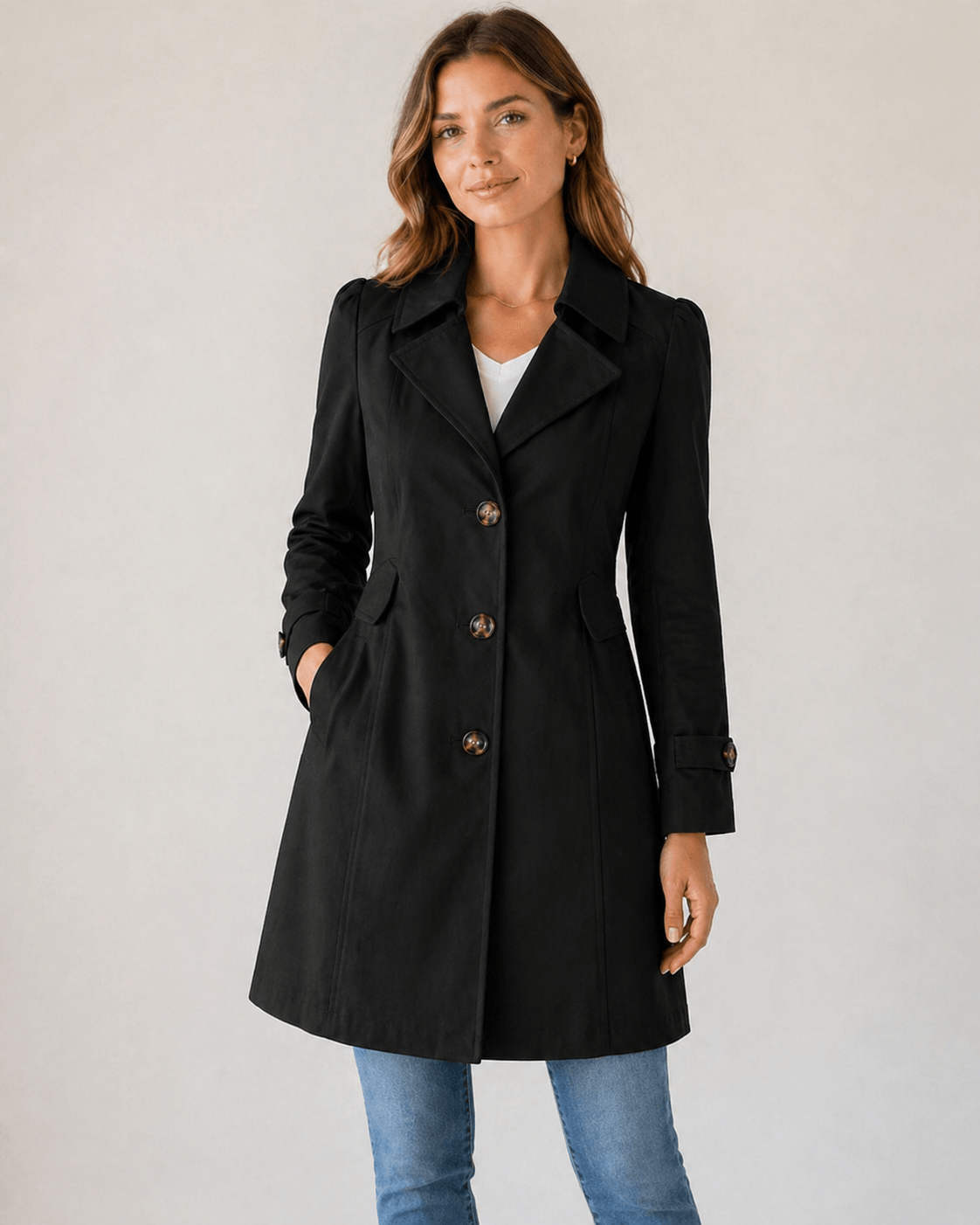 Women's Short Tailored Cotton Blend Trench Coat with Button Closure