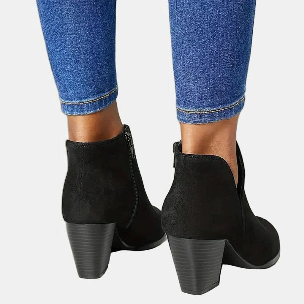 Women's Suede-Look Round-Toe Ankle Boots with Block Heel and Side Zip