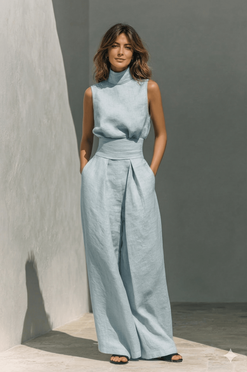 Sleeveless Mock Neck Top and Wide Leg Trouser Two Piece Set