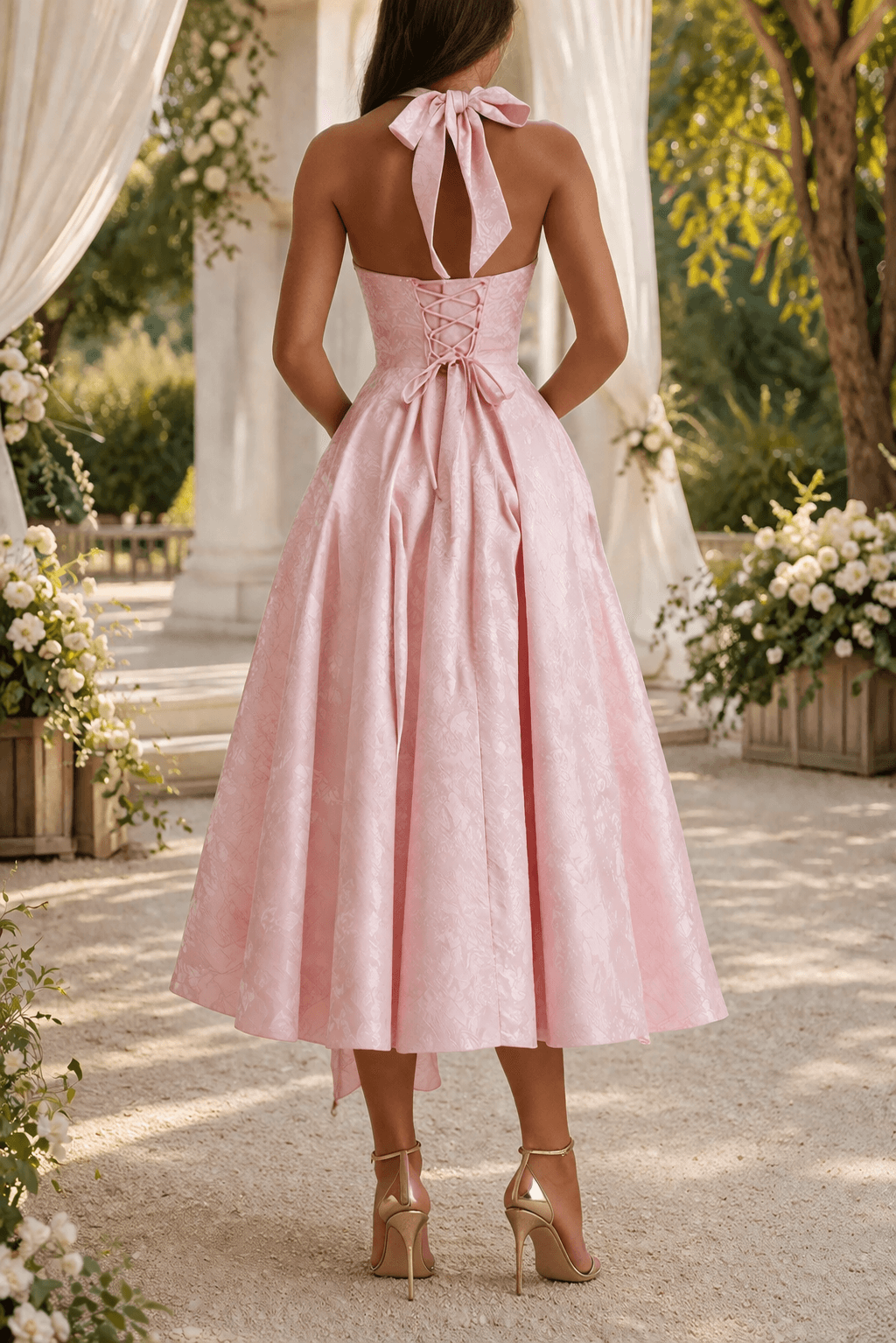 Cheap Bridesmaid Dresses Halter Neck Jacquard Midi Style for Fall Wedding Guest Occasions