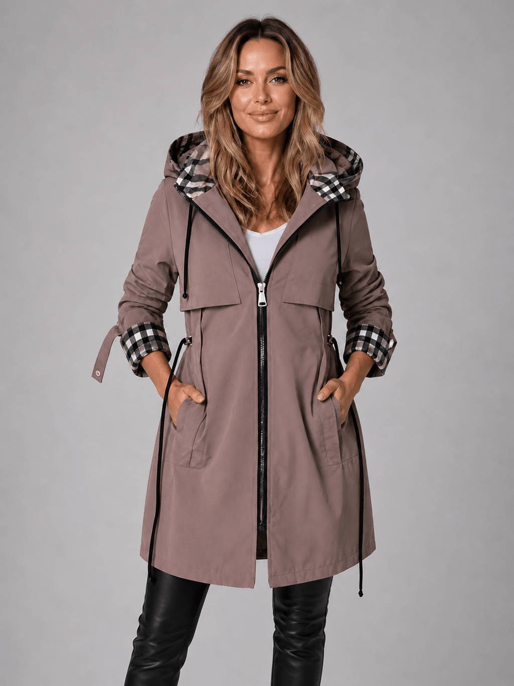 Hooded Longline Women's Rain Jacket with Adjustable Zip-Up Waist