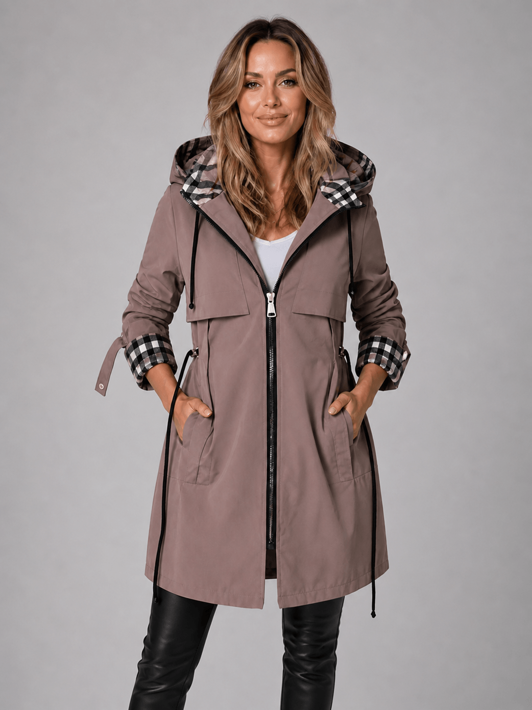 Hooded Longline Women's Rain Jacket with Adjustable Zip-Up Waist
