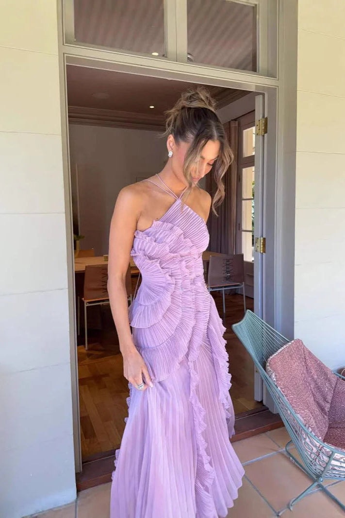 Pleated Ruffle Halter Maxi Dress for Fall Wedding Guests