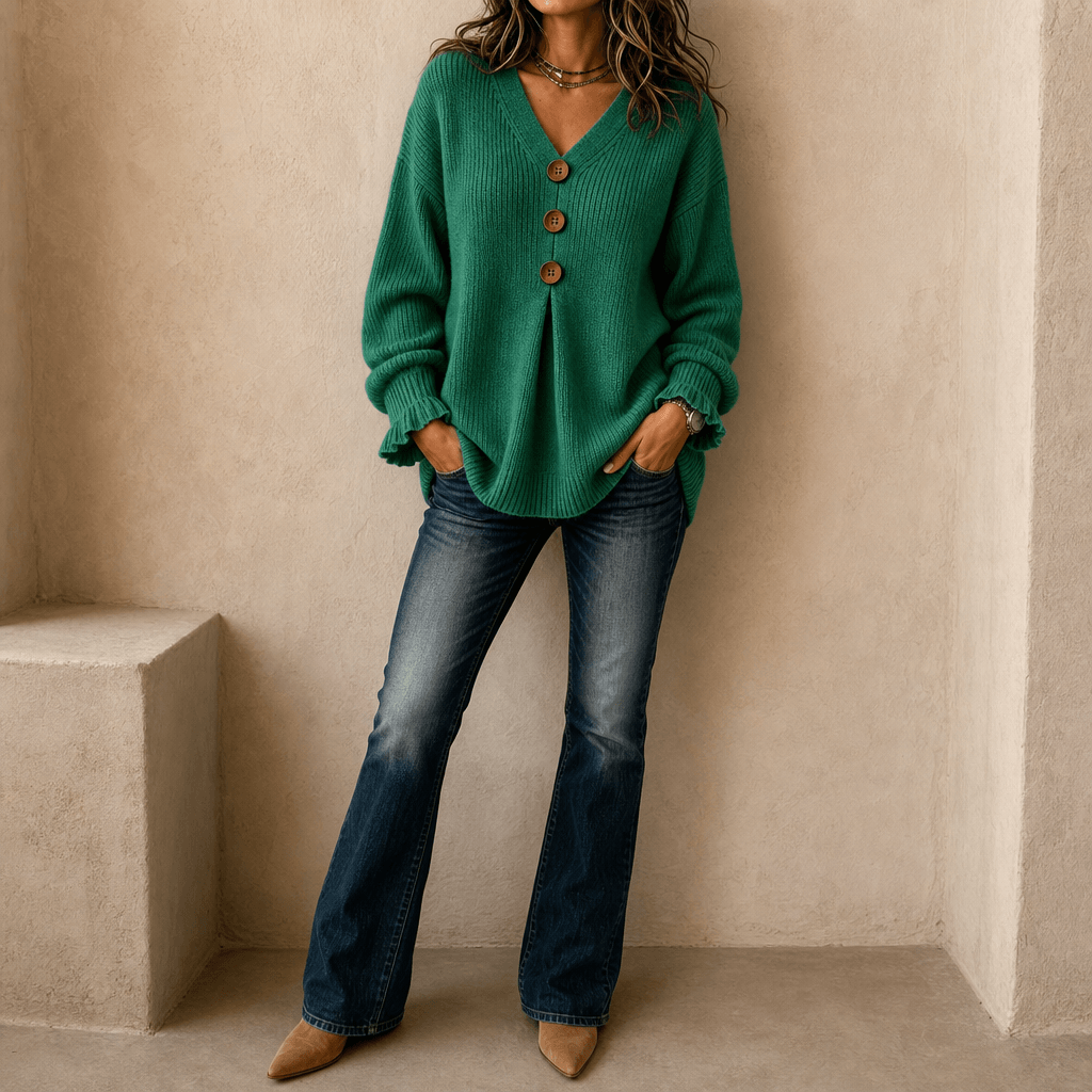 Vessa Ribbed V-Neck Button-Front Acrylic Knitted Sweater for Women