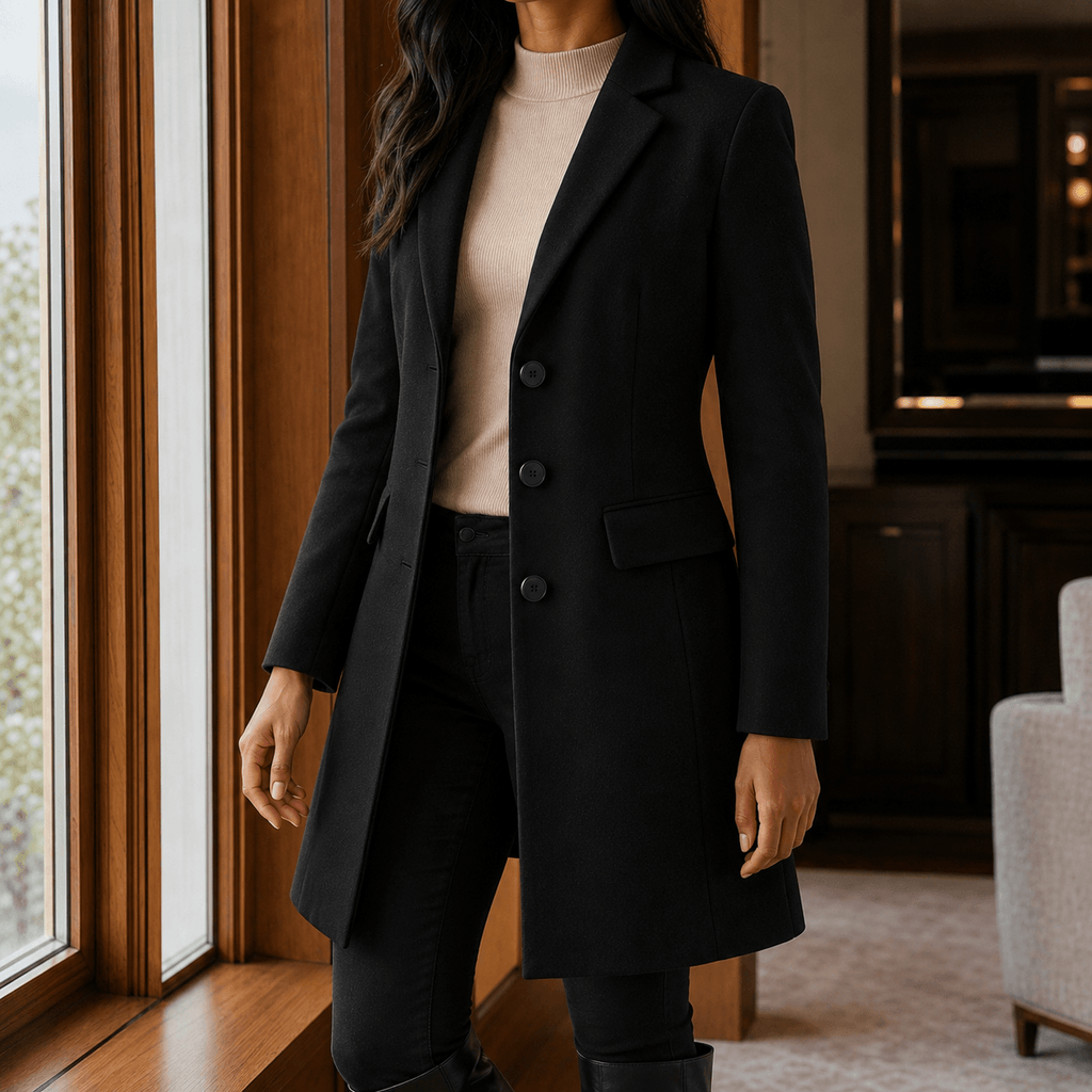 Women's Wool-Blend Tailored Winter Coat with Notched Lapel
