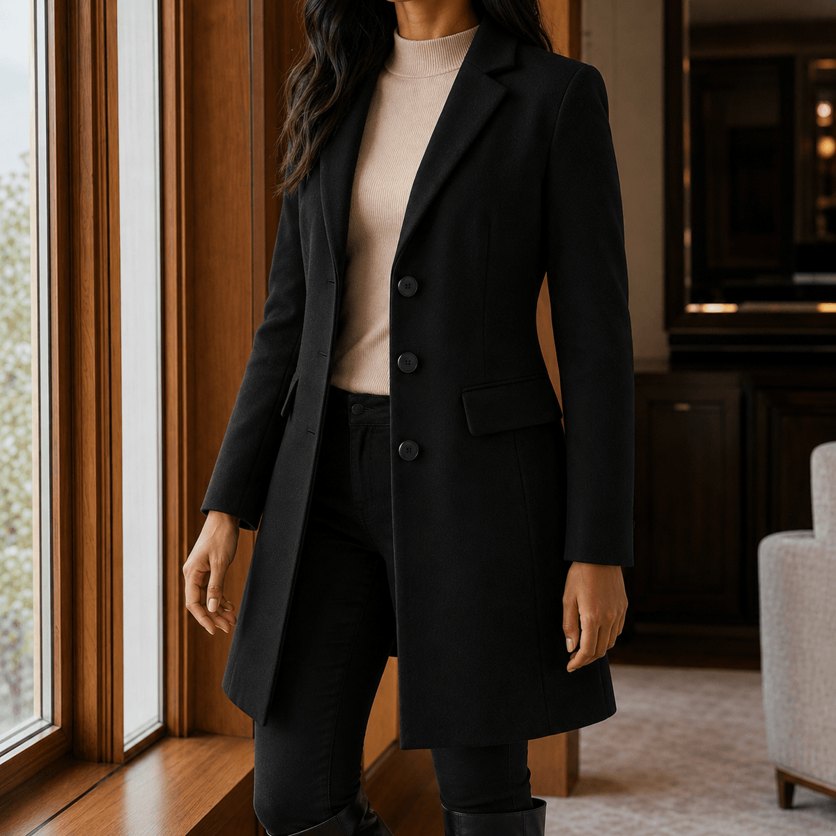 Women's Wool-Blend Tailored Winter Coat with Notched Lapel