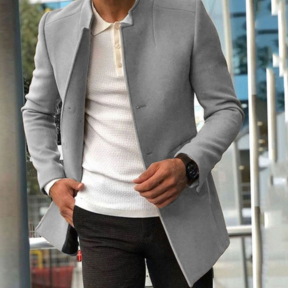 Men's Tailored Slim-Fit Long Winter Coat with Stand Collar