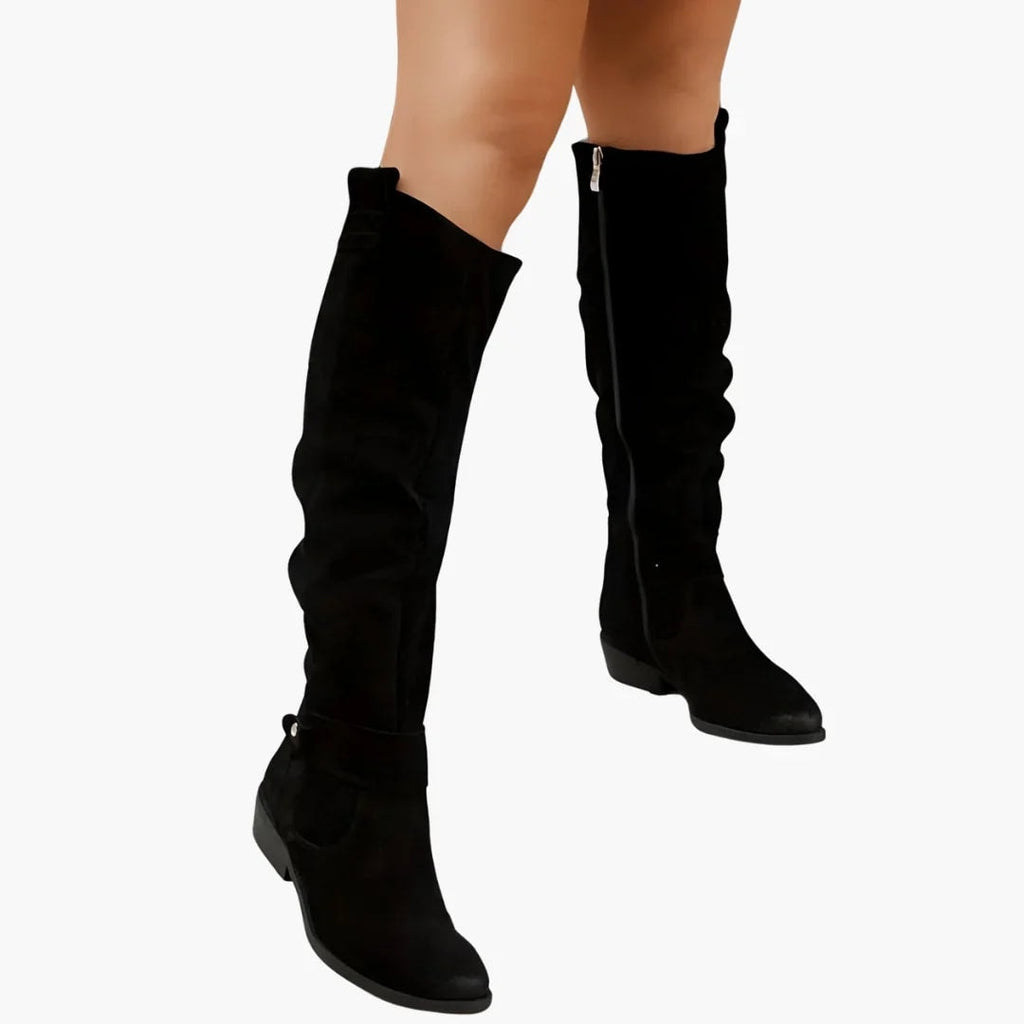 Suede Knee-High Black Boots for Women with Block Heel and Side Zip