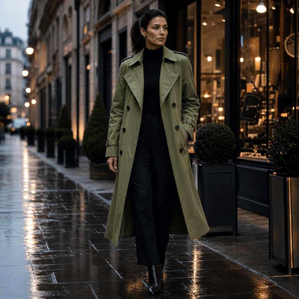 Mayfield Double-Breasted Long Trench Coat with Tailored Collar for Women
