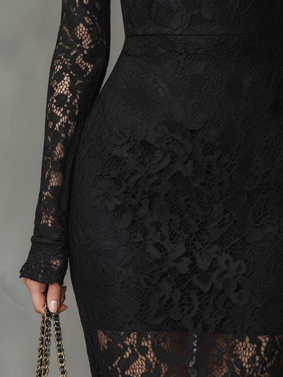 Women's Black Lace Long-Sleeve Maxi Dress with High Neck and Handkerchief Hem