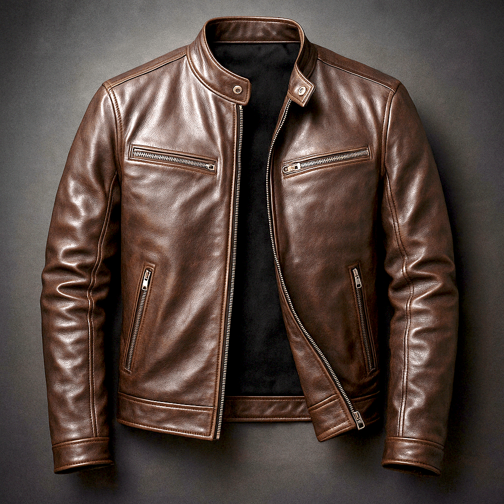 Men's Genuine Leather Moto Jacket with Zip Pockets