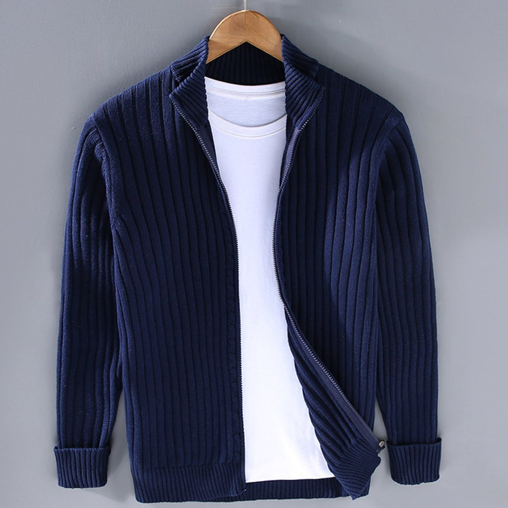 Men's Chunky Ribbed Knit Zip-Up Cardigan with Stand Collar