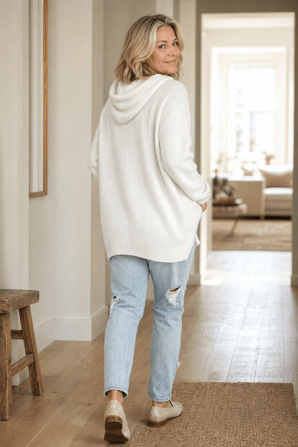 Women's Oversized Hooded Knitted Sweater with Drawstring