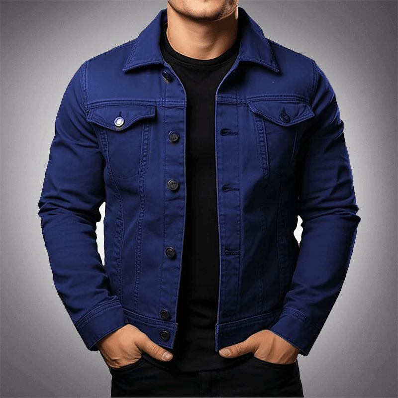 Men's Button-Front Denim Trucker Jacket with Shirt Collar and Chest Flap Pockets
