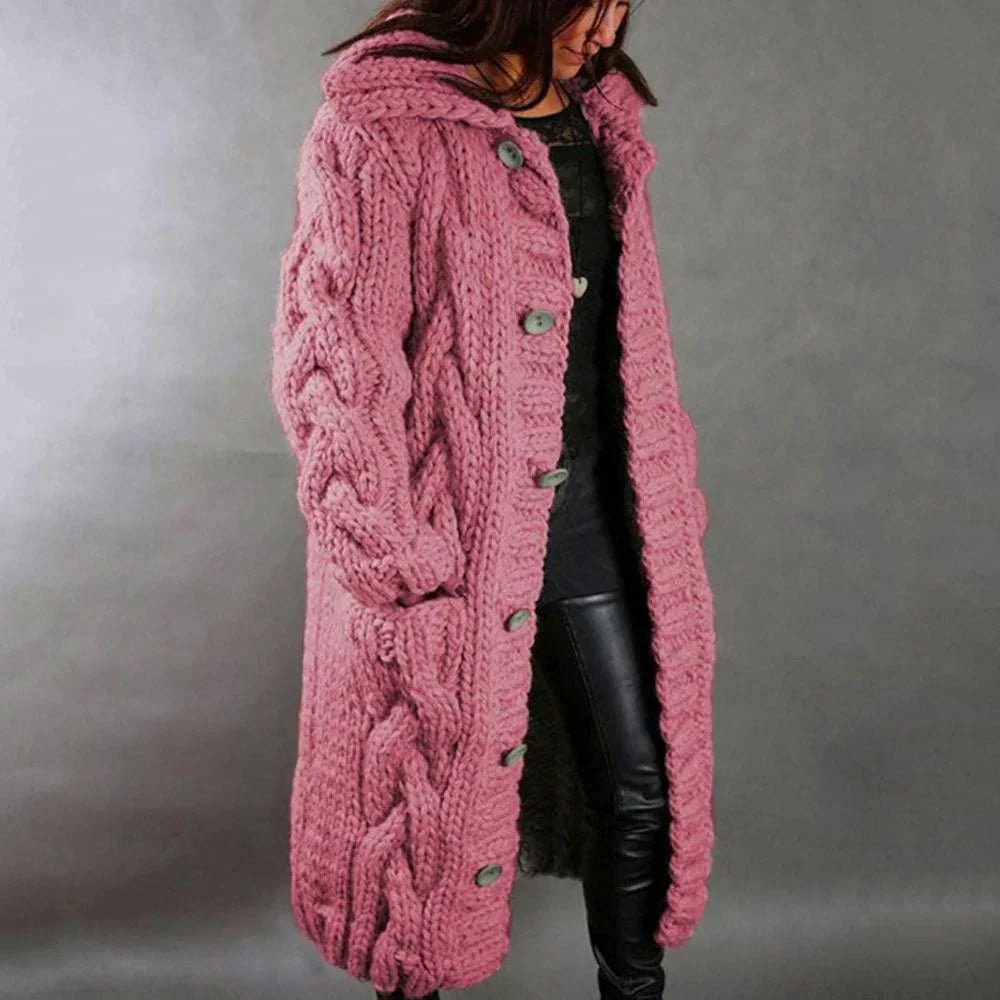 Chunky Hooded Long Cable-Knit Women's Cardigan with Pockets