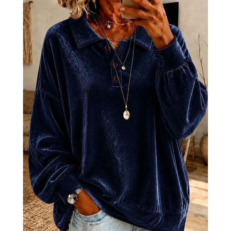 Women's Collared Sweater with Oversized Drop Shoulders and Button Placket