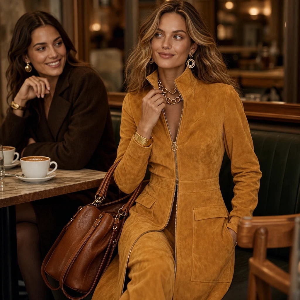 Women's Fitted Long Faux Suede Coat with Stand Collar and Full-Length Zip