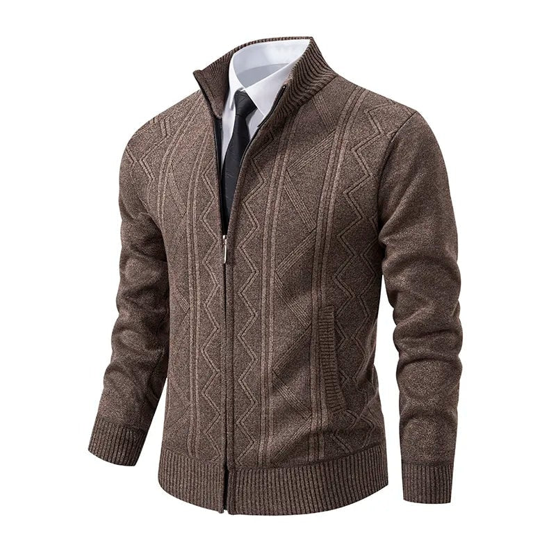 Men's Zip-Up Knit Cardigan with Stand Collar and Geometric Pattern