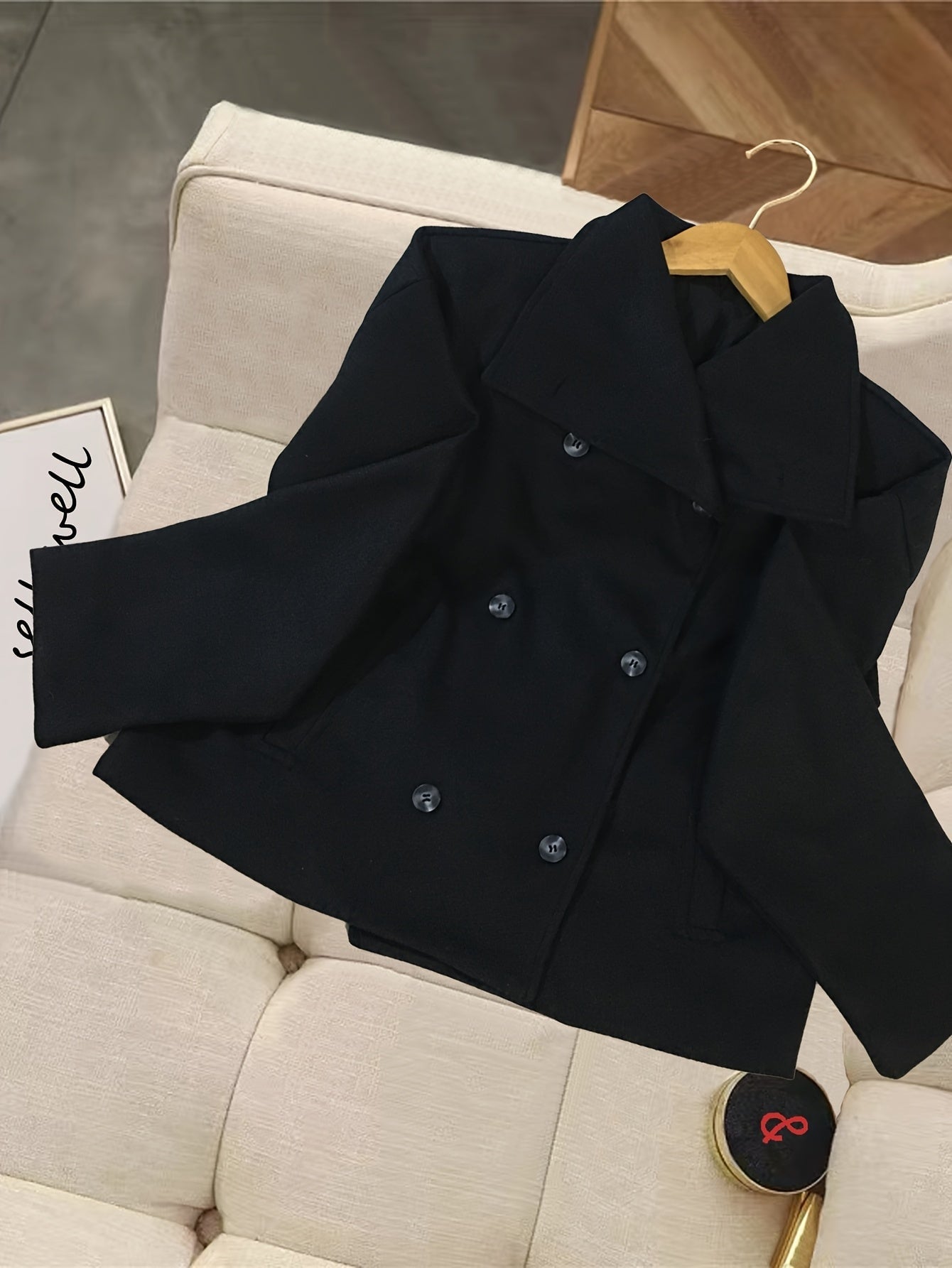Cropped Wool Pea Coat with Notch Lapel and Double Breasted Button Front