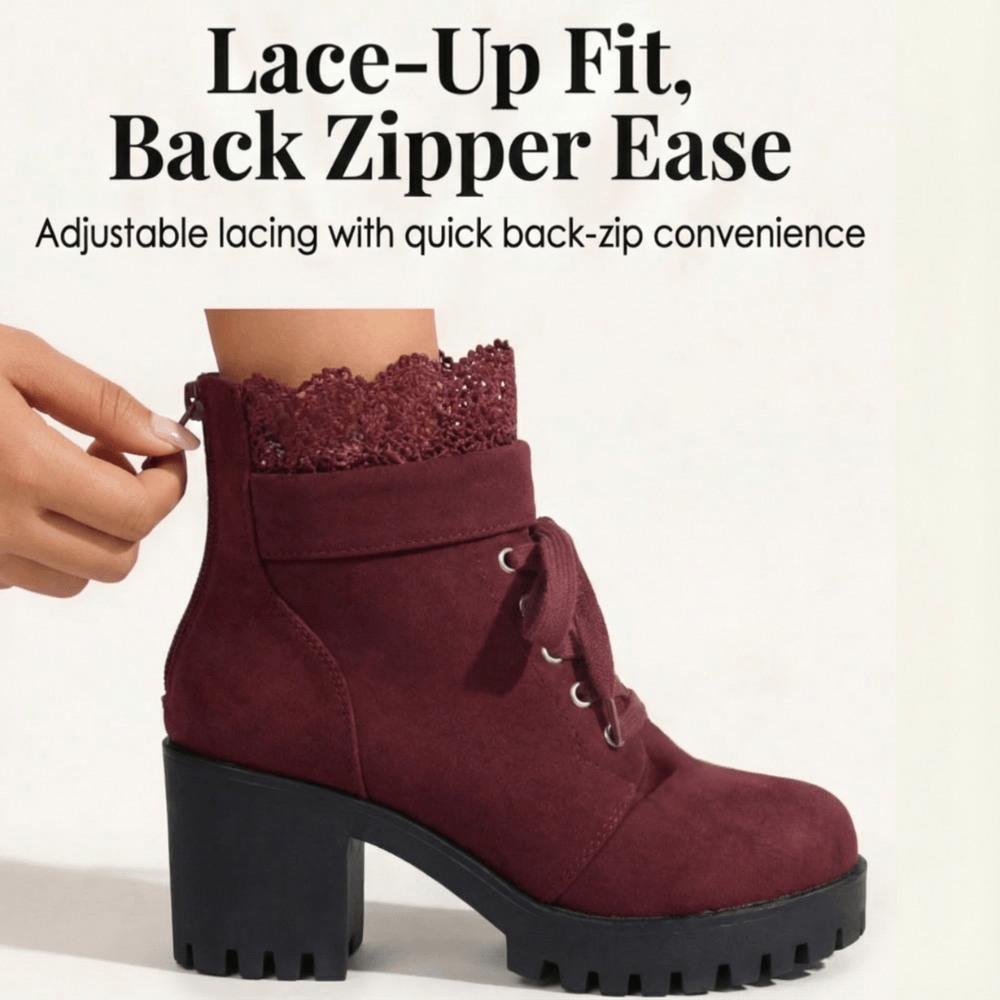 Lacelle Lace-Trim Suede Women's Ankle Boots with Chunky Block Heel