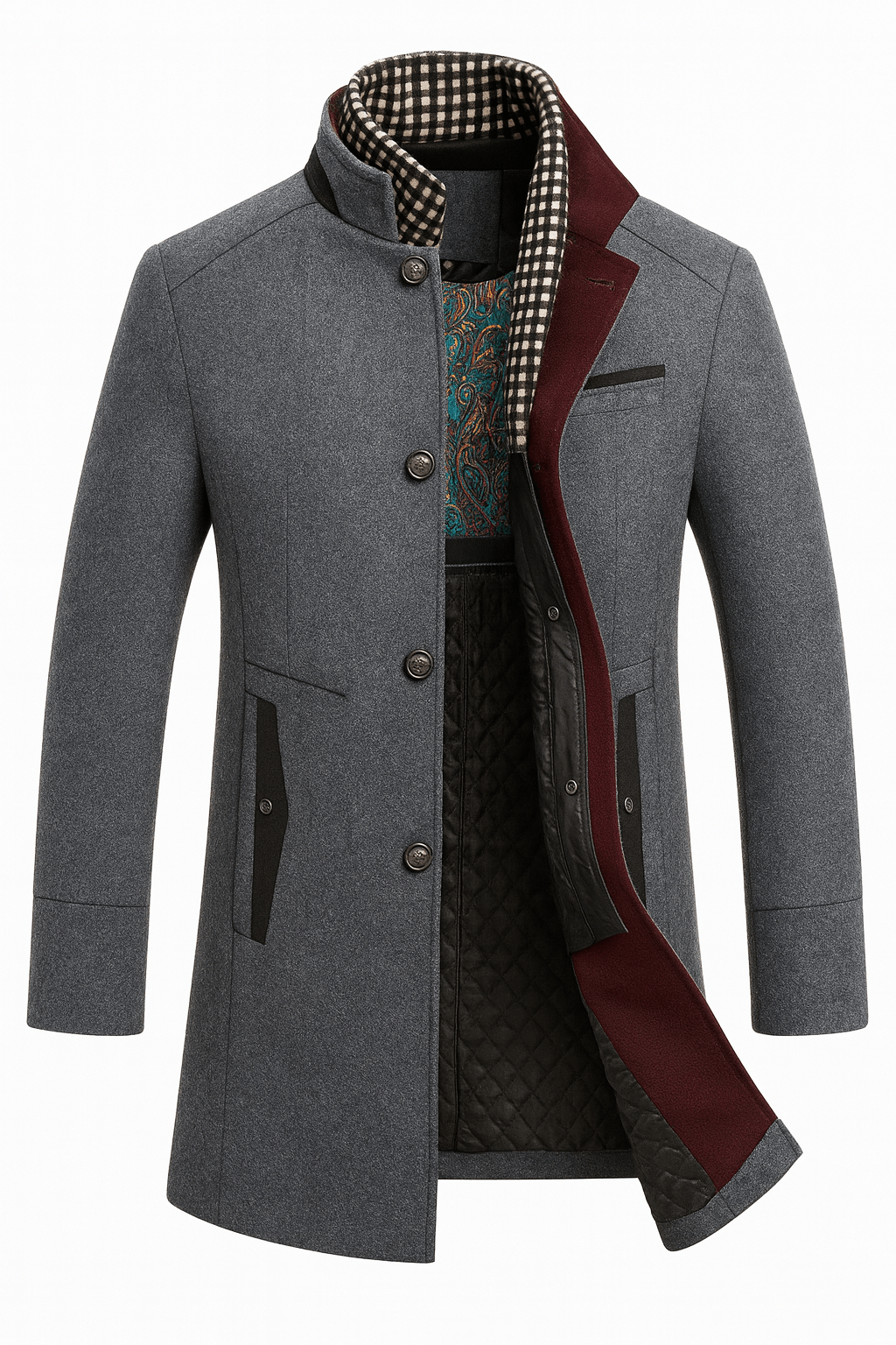 Men's Tailored Wool-Blend Winter Coat with Stand Collar