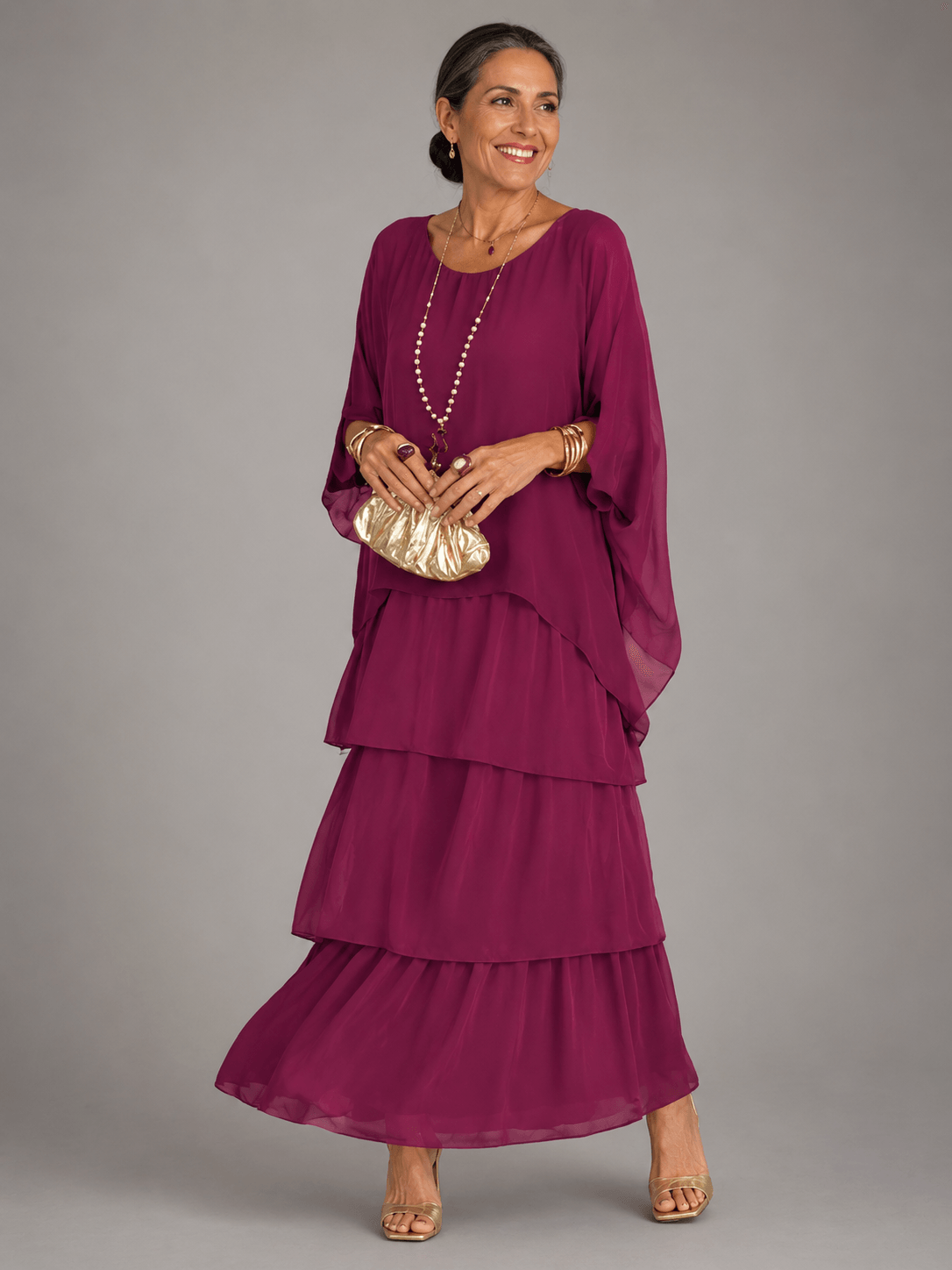 Tiered Ruffle Women's Midi-to-Maxi Dress with Flowing Capelet Sleeves