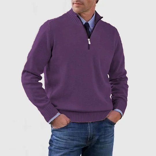 Men's Half-Zip Mock Neck Knitted Sweater with Ribbed Trim