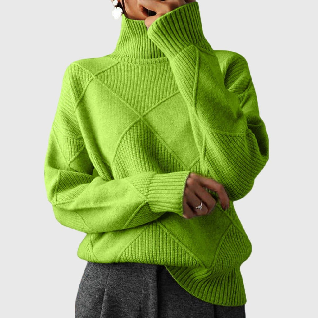 Women's Ribbed Knit Turtleneck Sweater with Diamond Pattern and Relaxed Fit