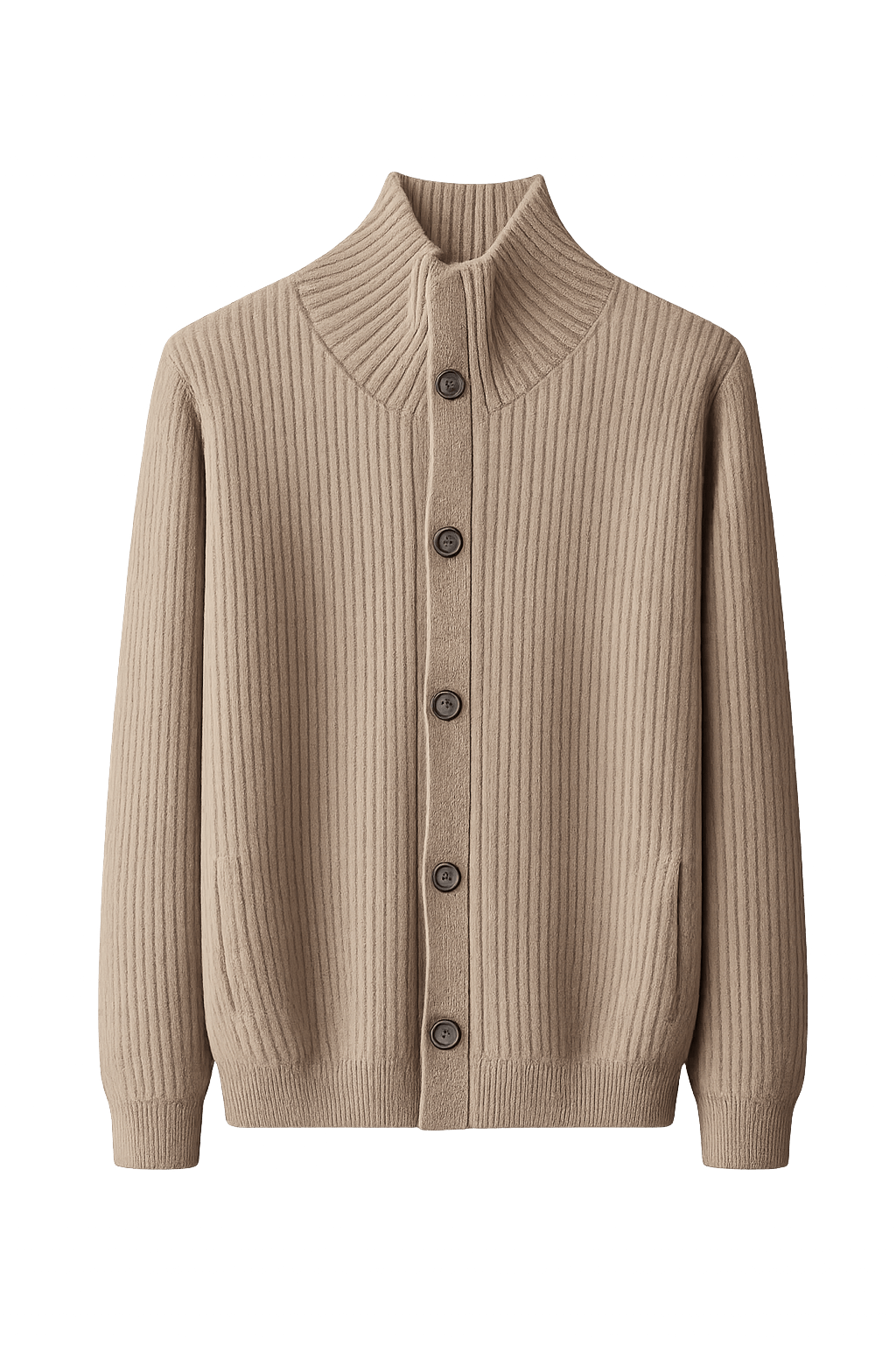 Men's Ribbed Stand-Collar Cardigan in Dense Knit with Button Front and Side Pockets