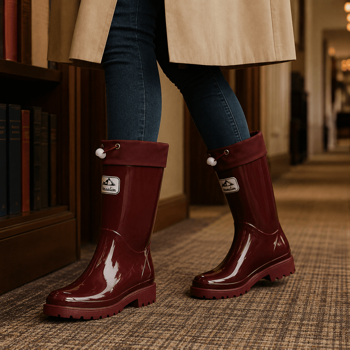 Knee-High Glossy Rubber Rain Boots with Drawstring Cuff