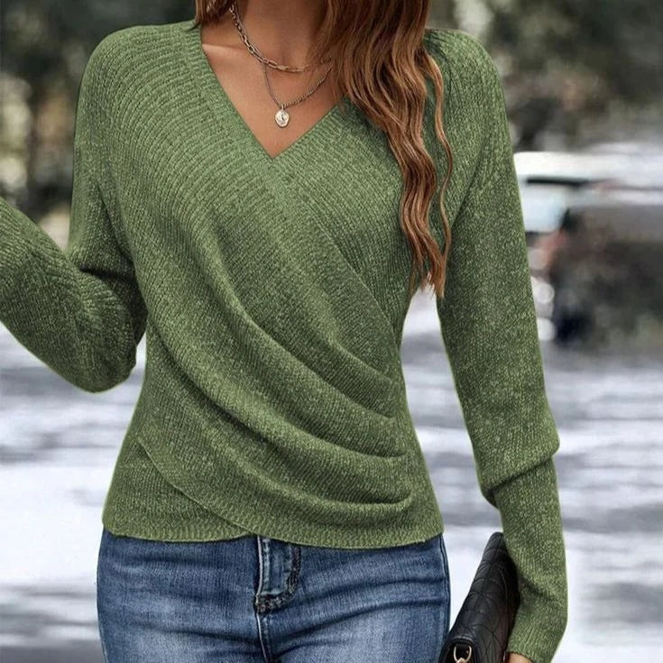 Women's Ribbed Knit Wrap Sweater with Deep V-Neck and Long Sleeves
