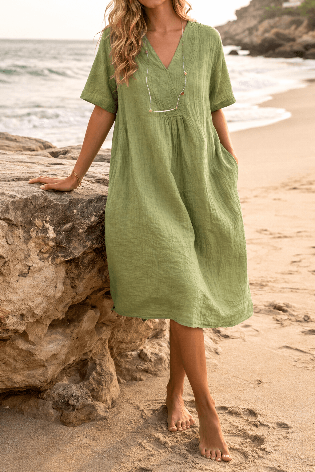 Relaxed Linen Midi Dress with V Neck for Fall Dresses for Women