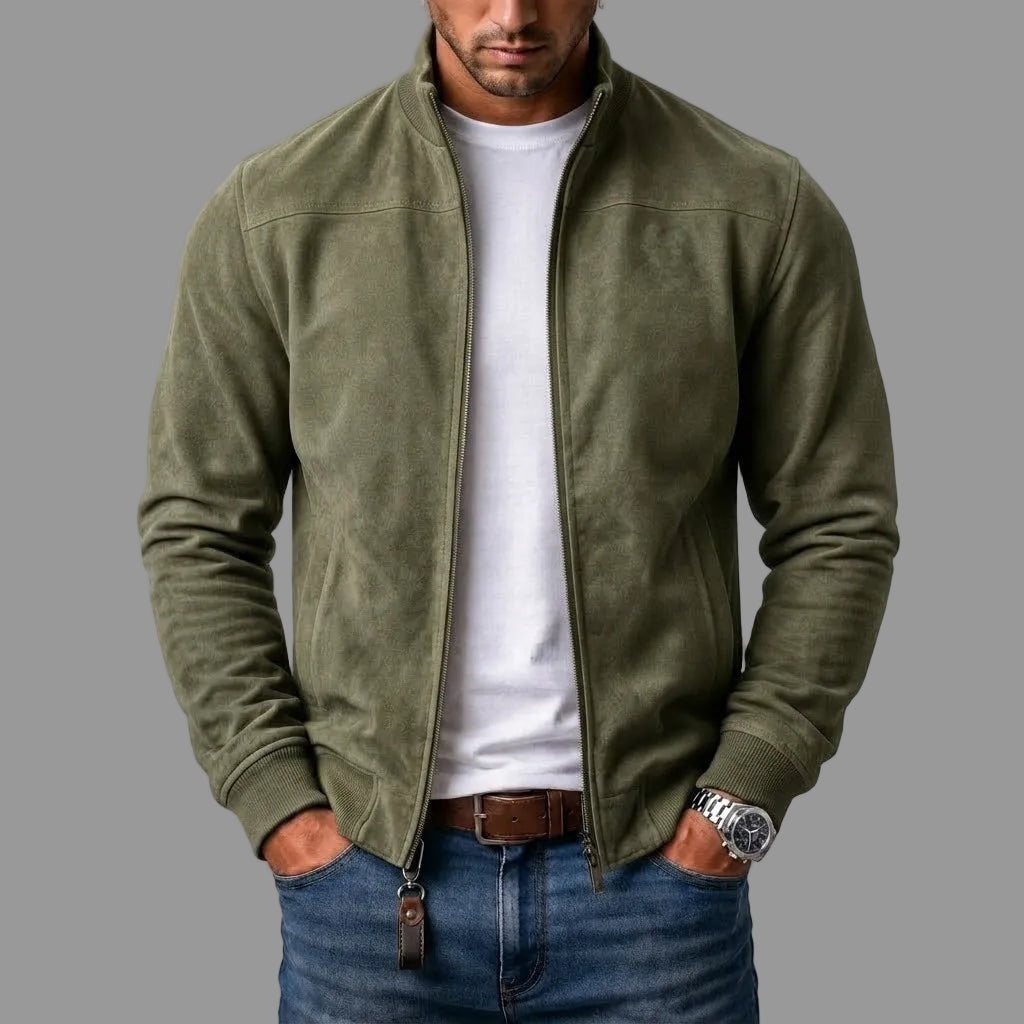 Men's Zip-Up Bomber Jacket in Suede with Stand Collar and Ribbed Hem