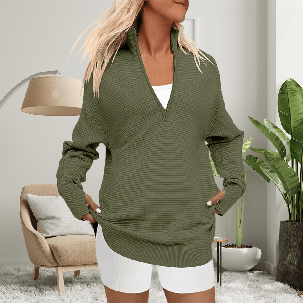 Nina Zip Neck Oversized Sweater with Ribbed Trim for Women
