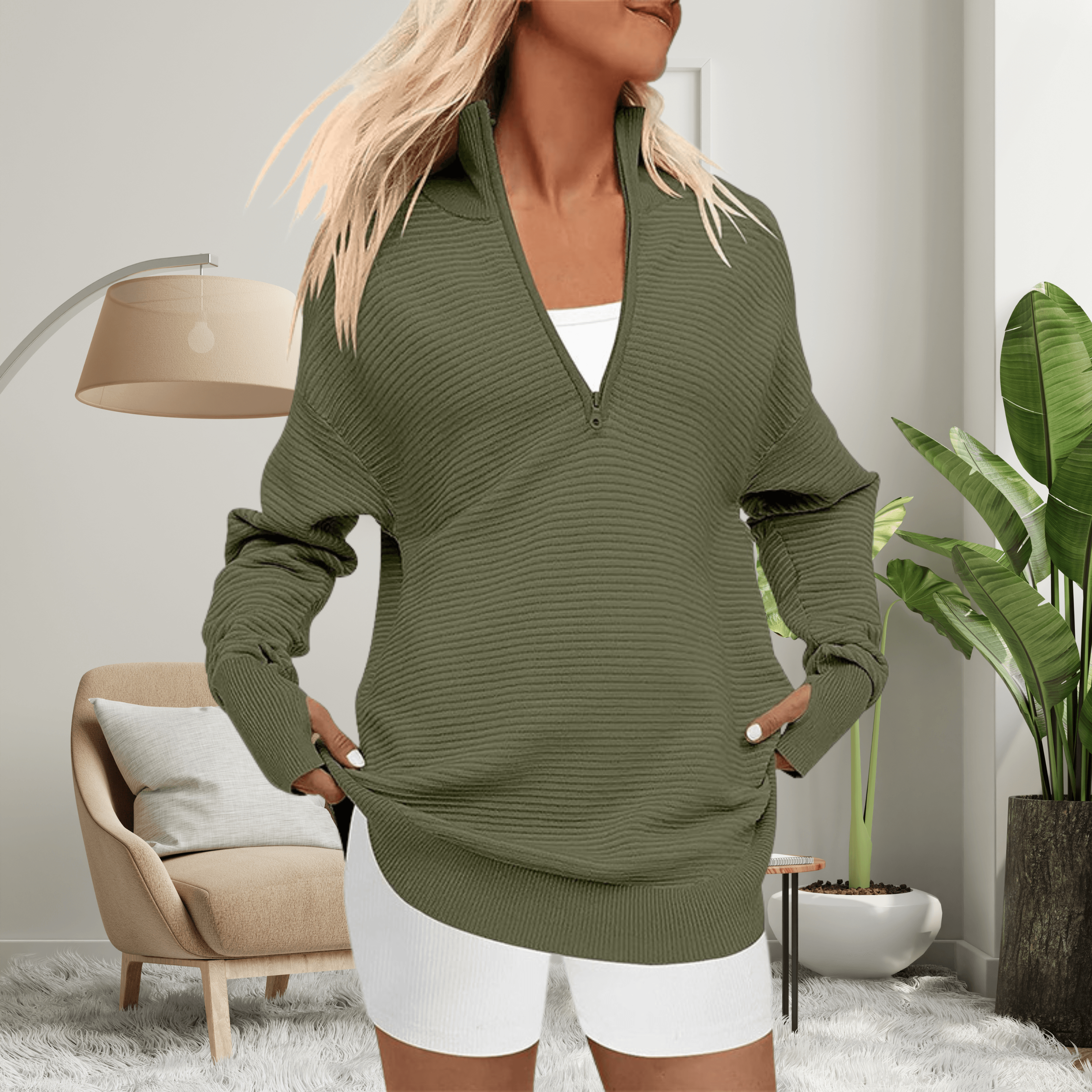 Nina Zip Neck Oversized Sweater with Ribbed Trim for Women