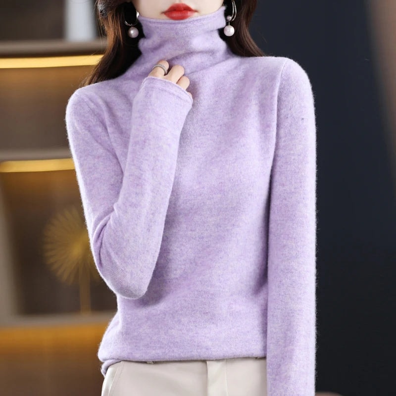 Women's Turtleneck Wool Knitted Sweater with Ribbed Cuffs